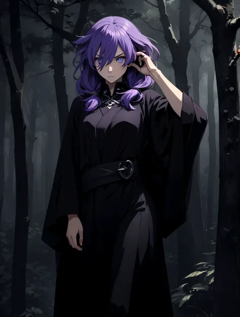 Woman with long purple hair , He wears a long dark robe where he covers his body and part of his face he has a penetrating look and a serious face. He walks through a dark forest ,  anime-style image