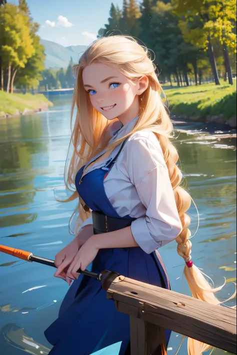  A beautiful girl from a Russian village is fishing with a fishing rod on the riverbank. She is 20 years old . Breast size 5 . Blonde hair gathered in a braid  .  blue eyes .  she laughs  .