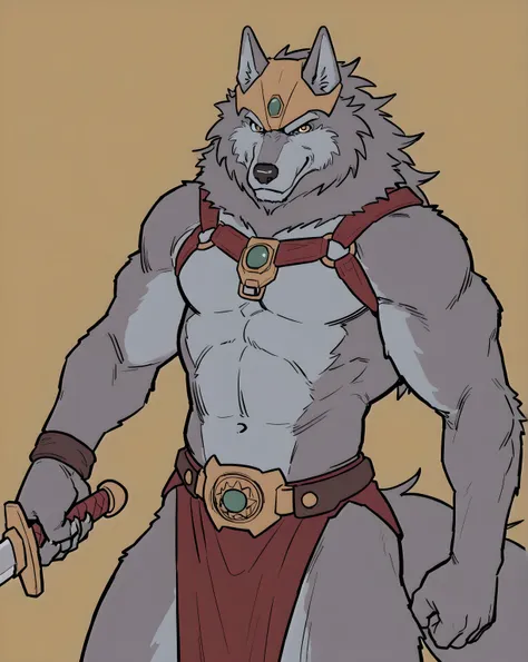 greyfus, wolf, flat color, male, muscular, simple background, looking at viewer anthro, belt, loincloth, bare chest, half body, holding a sword with both hands