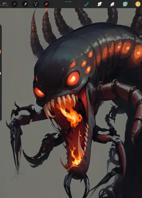 scary monster, creepy centipede , lots of eyes , fire, teeth, lots of legs , scary monster