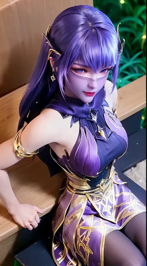 1 beautiful and sexy 20 year old girl, ((wearing a super purlpe dress:1.6)), ((a dress with diamonds:1.7)), ((long purple hair:1.6)), jewelry elaborately made from precious stones and beautiful hair, ((A thin red silk scarf covers half of the face:1.5)), (...