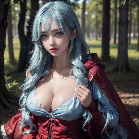 ((masterpiece)), ((best quality)), ((ultra-detailed)),((hyperrealistic)),((shiny skin)),1girl,solo,medium hair,wavy hair,light blue hair,((drill hair)),((light blue eyes)),((tareme)),((big breasts)),,Red Riding Hood,forest,Werewolf,
