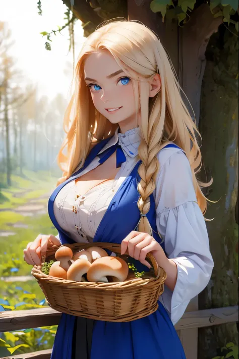 A beautiful girl from a Russian village  . She is 20 years old . Breast size 5 . Blonde hair gathered in a braid  .  blue eyes .  she laughs  .   walks out of the forest with a basket full of mushrooms .