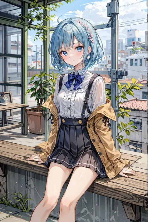  top quality、masterpiece、 1 girl、 cute、Beautiful high school girl、 miniskirt、  sits on the ground  ，、Kamimei、 staring at me 、 Hair， shortcuts， Unkempt Hair，Short braided hair，Neat， slender beautiful woman，Correct posture，Small chest， BEAUTIFUL LEGS， has en...