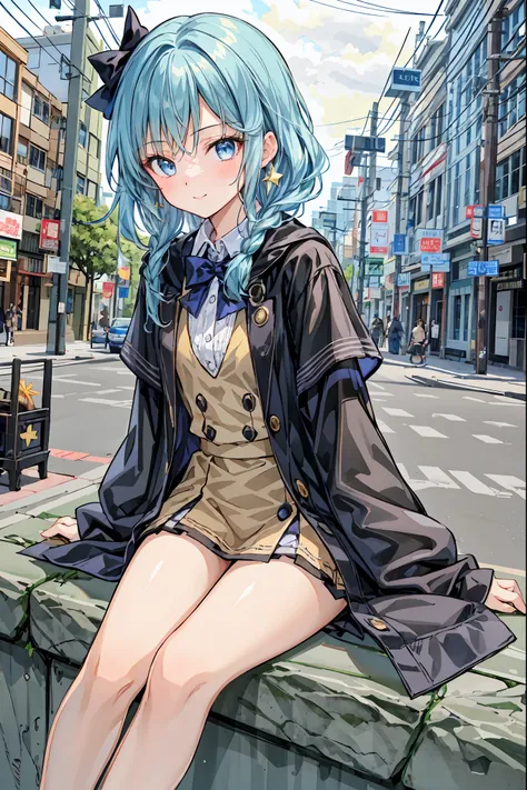  top quality、masterpiece、 1 girl、 cute、Beautiful high school girl、 miniskirt、  sits on the ground  ，、Kamimei、 staring at me 、 Hair， shortcuts， Unkempt Hair，Short braided hair，Neat， slender beautiful woman，Correct posture，Small chest， BEAUTIFUL LEGS， has en...