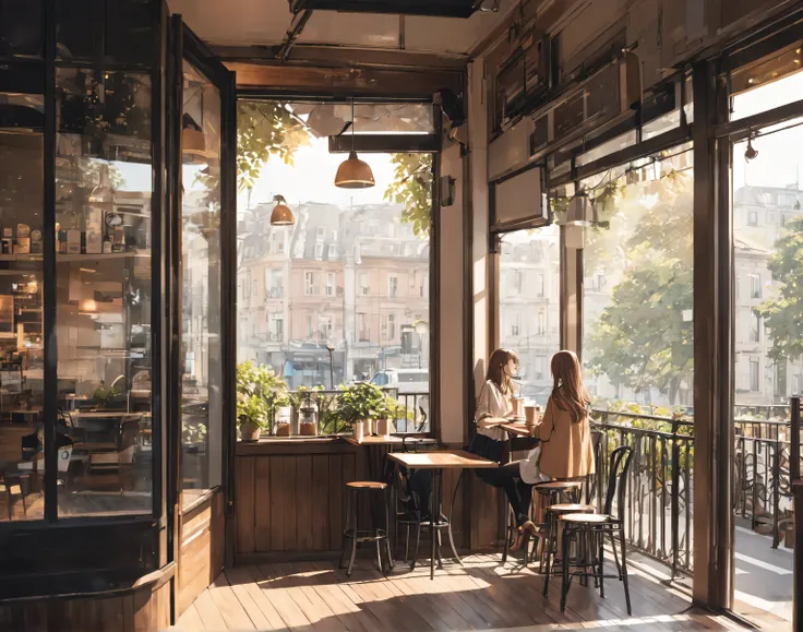 A lonely woman is looking out the window drinking coffee at a cafe