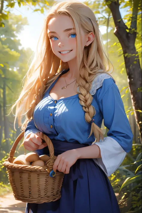 A beautiful girl from a Russian village  . She is 20 years old . Breast size 5 . Blonde hair gathered in a braid  .  blue eyes .  she laughs  .   walks out of the forest with a basket full of mushrooms .