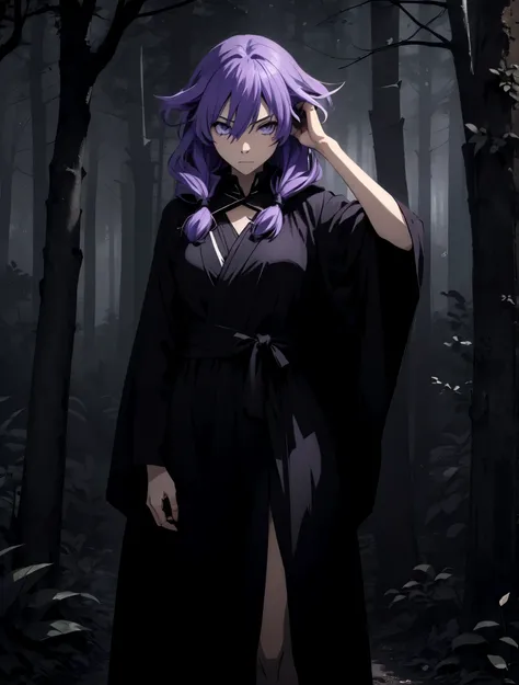 Woman with long purple hair , He wears a long dark robe where he covers his body and part of his face he has a penetrating look and a serious face. He walks through a dark forest , anime-style image