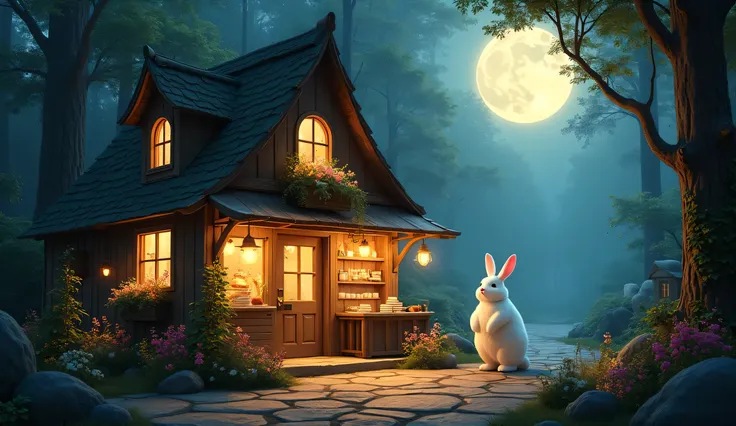 A cozy bakery under the full moon, run by a fluffy white rabbit, glowing with warm golden light in a mystical forest.