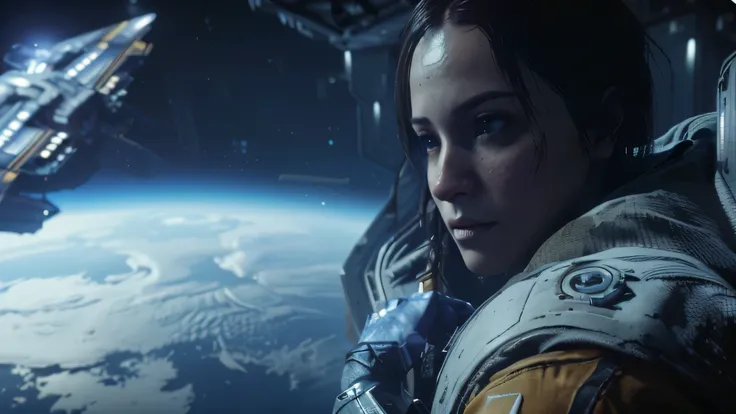 a woman and  are looking at a spaceship in the sky, video game cutscene, ps5 cinematic screen capture, ps 4 in - game cinematic, video game cinematic, in-game cinematic, unreal engine cinematic, next-gen graphics, cutscene footage, square enix cinematic ar...