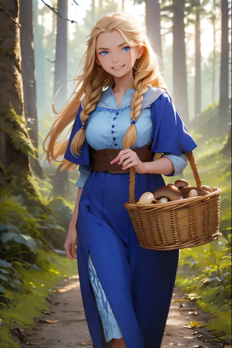 A beautiful girl from a Russian village  . She is 20 years old . Breast size 5 . Blonde hair gathered in a braid  .  blue eyes .  she laughs  .   walks out of the forest with a basket full of mushrooms .