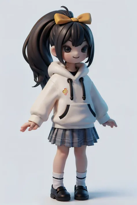 a girl smiling, ((black)) hair, ponytail, hairbow, white sweater hoodie, large (white) plaid skirt, white socks, stand up, front view, no background