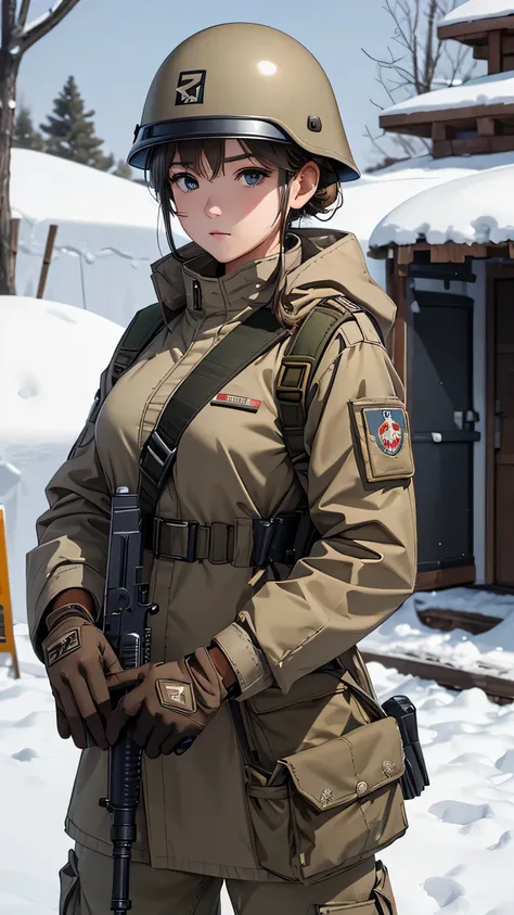 A female soldier stands guard with a gun， is wearing a beige military jacket、 wearing M1 steel helmets 、Winter gloves  ，Tactical shoulder strap、Magazine Pouch、 The snowy military camp  ，  write details、 masterpiece、  Best Quality  、High precision CG  、  8K...