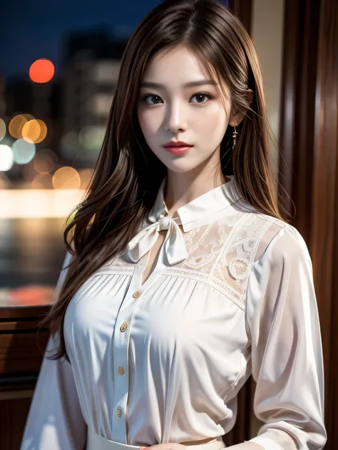 masterpiece, best quality, ultra high res, ultra detailed, sharp focus, 1girl, solo, a stunning pretty and beautiful Korean sexy model, 19yo, looking at viewer, (wearing a blouse), nighttime scene, night, realistic, slender, (looking at the viewer), sexy g...