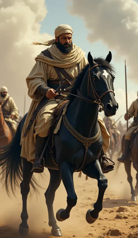 I am on the back of a very black horse, wearing old Islamic combat clothing, and behind me are Muslim soldiers on their horses.In a fierce battle  