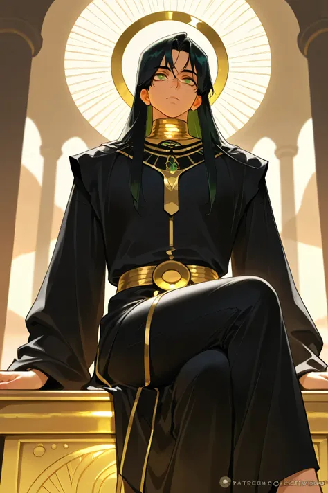 best quality, masterpiece, high resolution, 1male, solo,black robe,black pants, egyptian_landscape, black hair, long hair, sitting on altar,cross legs, expressionless, surrounded_by_gold, warm_lighting, mystical_atmosphere,green eyes