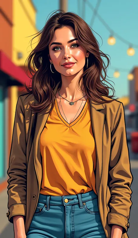 DISCREET image. with discreet casual clothes. image adult woman, american, comic book style. with a little smile. IMAGES WITH VIBRANT COLORS. with Colorful and light background