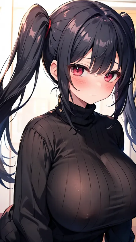  black hair、 red eyes、 straight long hair 、 Twin Tails、 beautiful girl、Black vertical sweater、 plump body、 Model Body Type 、 high school students、 super huge tits、 long breasts、blush、Too much exposure、 tsundere、bashful face、 is blushing and embarrassed、 fa...