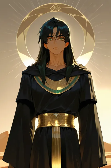 best quality, masterpiece, high resolution, 1male, solo,black robe,black pants, egyptian_landscape, black hair, long hair, expressionless,(small crying:0.1), surrounded_by_gold, warm_lighting, mystical_atmosphere,green eyes