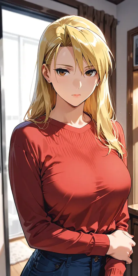 Masterpiece, mature woman, riza hawkeye, slim, upper body, long sleeve shirt, ultra detailed, highres, absurdres, home, portrait, semi realistic