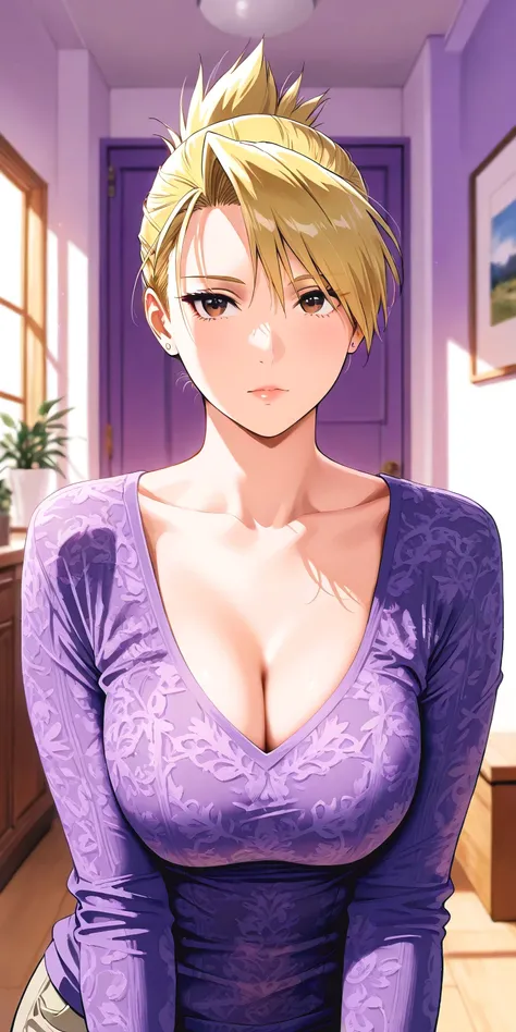 Masterpiece, mature woman, riza hawkeye, slim, upper body, long sleeve shirt, ultra detailed, highres, absurdres, home, portrait, semi realistic, purple colour costume, printed pattern in royal looks.