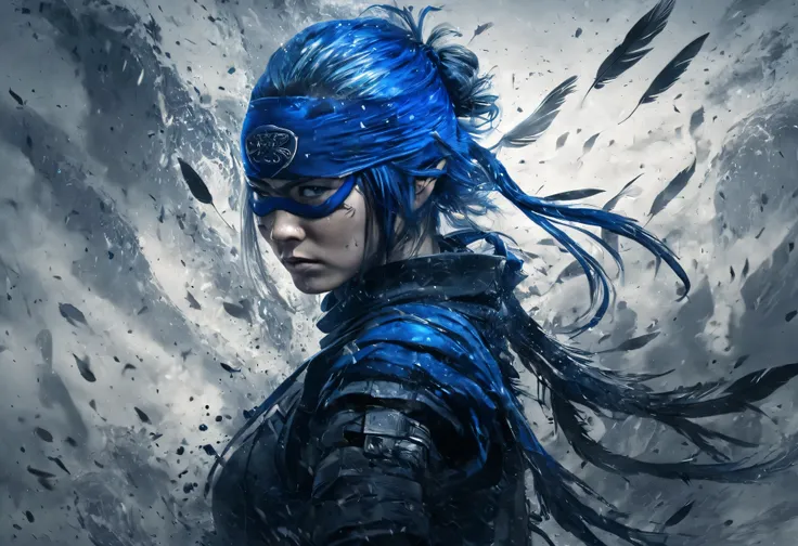 Female ninja, detailed glass hair, beautiful splash effect, monochrome, watercolor painting style, (blue feather powder), high quality, 8k, extremely detailed, masterpiece, Beautiful beauty, Wings from the back, Dual wielding, strong lighting shines on her...