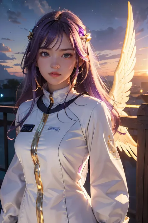 ((masterpiece, best quality, extremely detailed), volumetric lighting, ambient occlusion, colorful, glowing), 1girl, solo, young girl, (purple hair), long hair, halo, aura, sacred, goddess, cleric suit, (white outfit with gold detailst:1.3), angel wings, o...