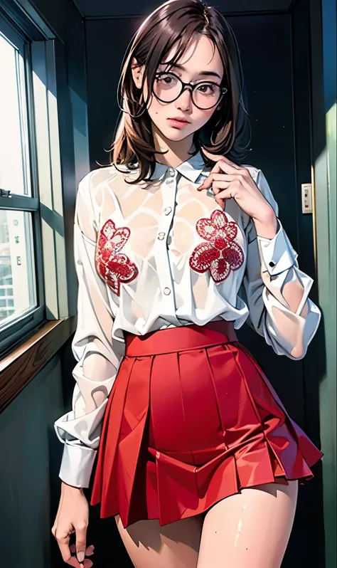 18 years old girl, (((at park))), (transparent pattern shirt), (wet shirt), (mini skirt), (red-squared pattern skirt), RAW photo, (photorealistic:1.37, realistic), highly detailed CG unified 8K wallpapers, 1girl, ((slender body:1)), (small breasts:1.3), lo...