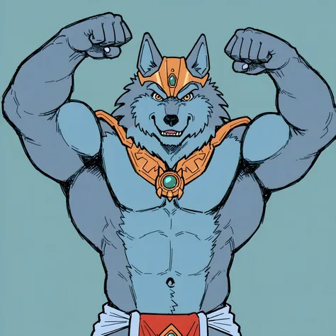 greyfus, wolf, flat color, male, muscular, simple background, looking at viewer, anthro, loincloth, bare chest, half body, front view, flexing biceps, flexing