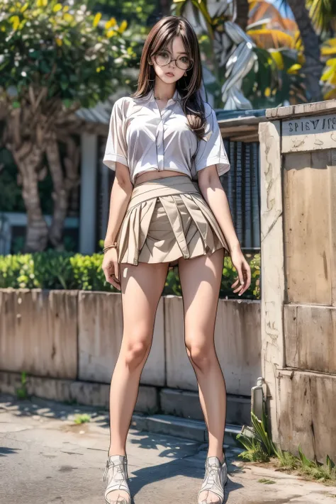 18 years old girl, (((at park))), (transparent cream color button-shirt), (mini skirt:1.6), (brown skirt), RAW photo, (photorealistic:1.37, realistic), highly detailed CG unified 8K wallpapers, 1girl, ((slender body:1)), (small breasts:1.3), looking at vie...