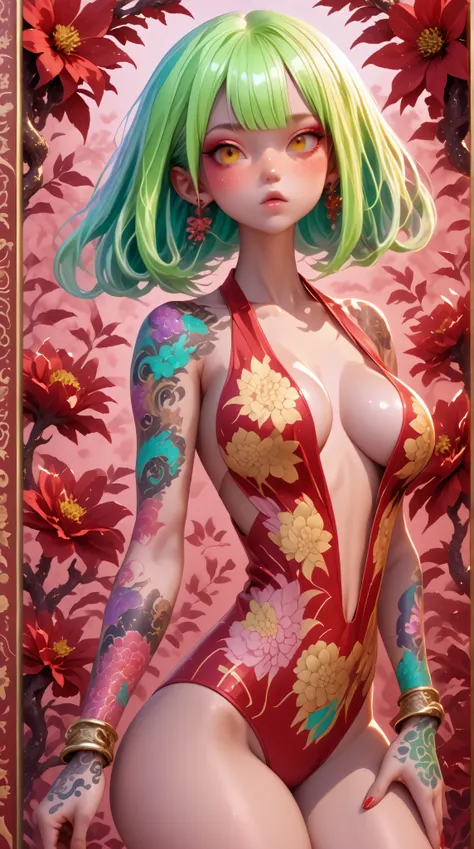 Kizi，Highly detailed, Amazing work，Vitreous luster,((clean backdrop))，In purple，(((reds)))，pink color，gold colour,  Best quality at best，plunging neckline, A mesmerizing surreal illustration of a young japanese woman. She has pastel green hair with blunt b...