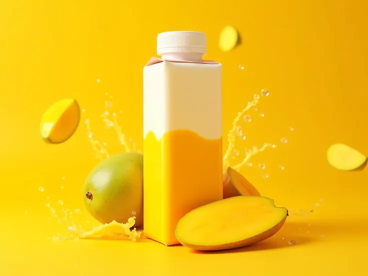 arafed mango juice carton with a white cap and a yellow background, siya oum, inspired by Sylvia Sleigh, packaging design, by Aya Goda, stylized, maya, by Silvia Pelissero, jaya su berg, stylised, by Sasha Putrya, yan gisuka, packaging of the world, in sty...