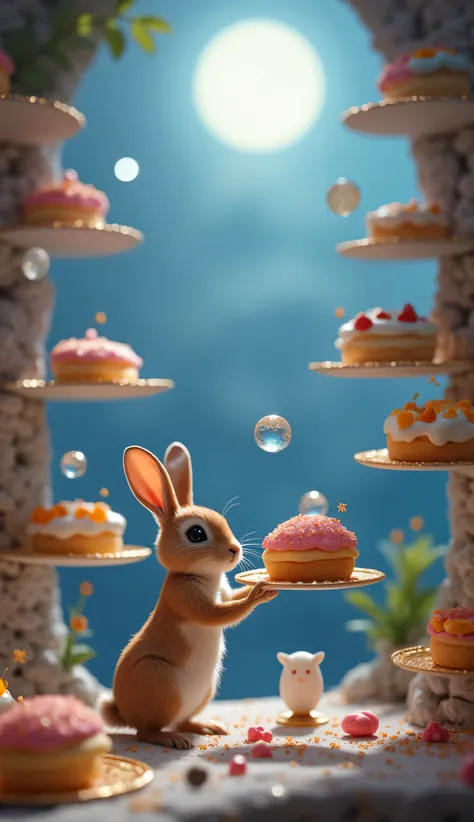 Shelves filled with floating pastries, each sparkling under the moonlight, as the rabbit arranges them with tiny paws.