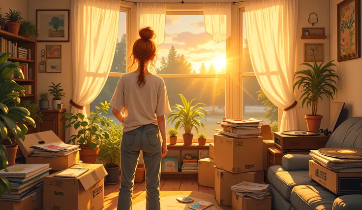 A cozy cottage interior at sunset. A young woman with long ginger hair tied in a messy bun, wearing an oversized vintage t-shirt and comfortable pants, unpacking boxes in her new living room. Warm golden light streams through large windows with white curta...