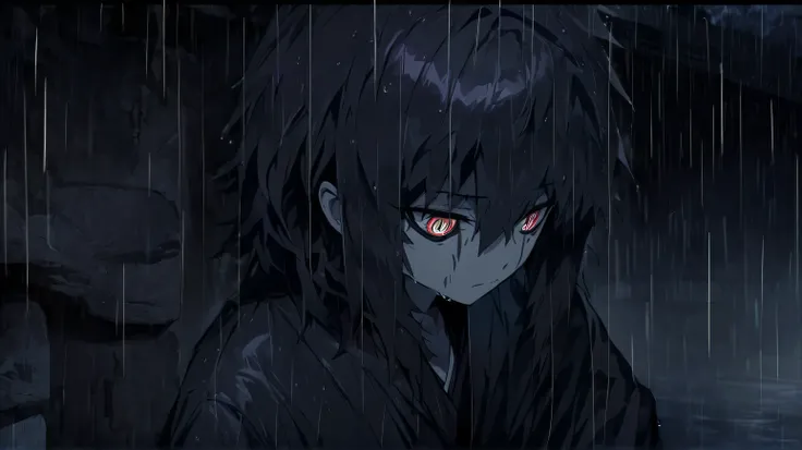 masterpiece, best quality, 1 demon boy, night, rain, detailed face, detailed eyes, japanese touch, dark theme, anime structure, character must be a boy or a man 