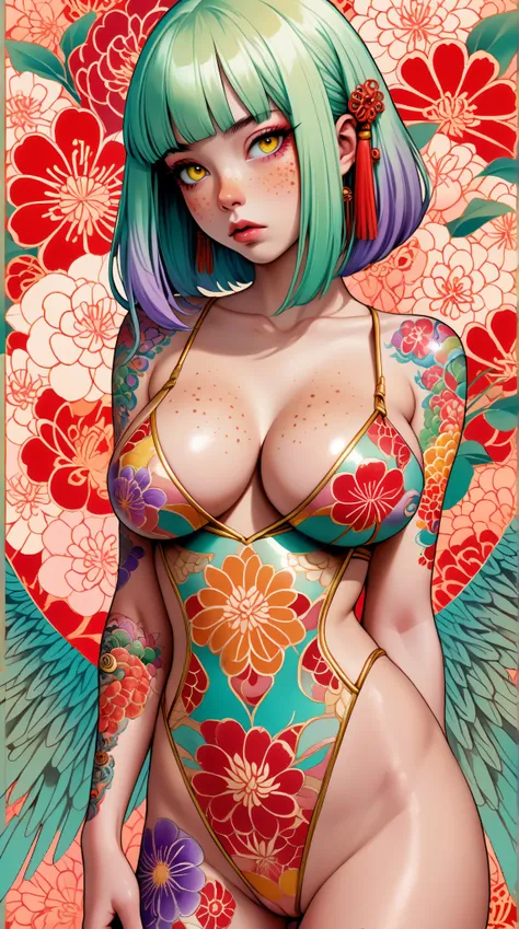 Kizi，Highly detailed, Amazing work，Vitreous luster,((clean backdrop))，In purple，(((reds)))，pink color，gold colour,  Best quality at best，plunging neckline, A mesmerizing surreal illustration of a young japanese woman. She has pastel green hair with blunt b...