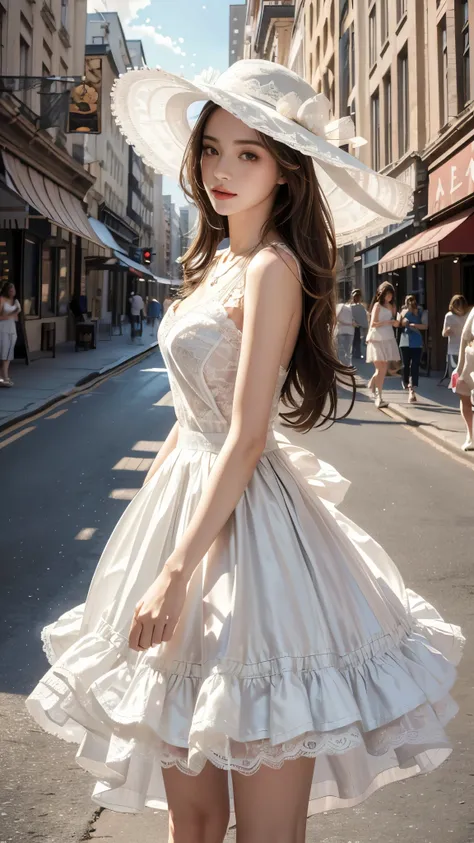 4K ultra hd, masterpiece, 1 girl, good face, long hair, beautiful hairstyle, ((lace petticoat)), ((white petticoat)), bare waist, ((lace)), necklace, hat, in the city, ray tracing, bloom, god rays, direct-x, cinematic pose,