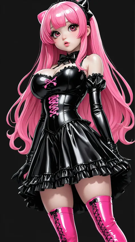 Goth, pink Lolita dress, thigh highs, pink knee high latex boots, asian girl . Very kawaii , round face . alone , Slim , big breasts , short and small . shiny skin . dynamic poses . dynamic angle . No background , White background , black background, looki...