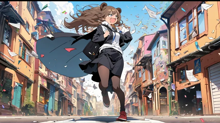 unique and static image , manga cover, anime cape, Zoom up on a shot near the ground , The image conveys the idea of running , comic.In the foreground on Zoom a girl running around clumsily as if she were late.  the girl is wearing a classic college outfit...