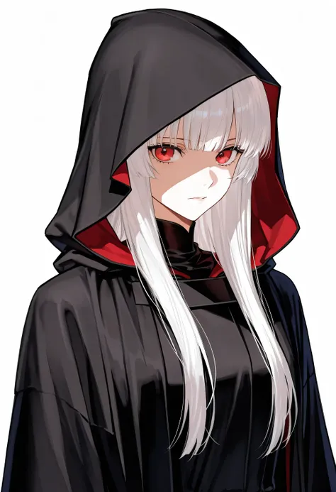 masterpiece,{{1girl}},white hair,red eyes,long hair,straight hair,Star Wars Sith Robe,black robe,standing,form,{{simple background}},{{white background}},standing,anime,upper body,face forcus,hood up,from front,looking at viewer