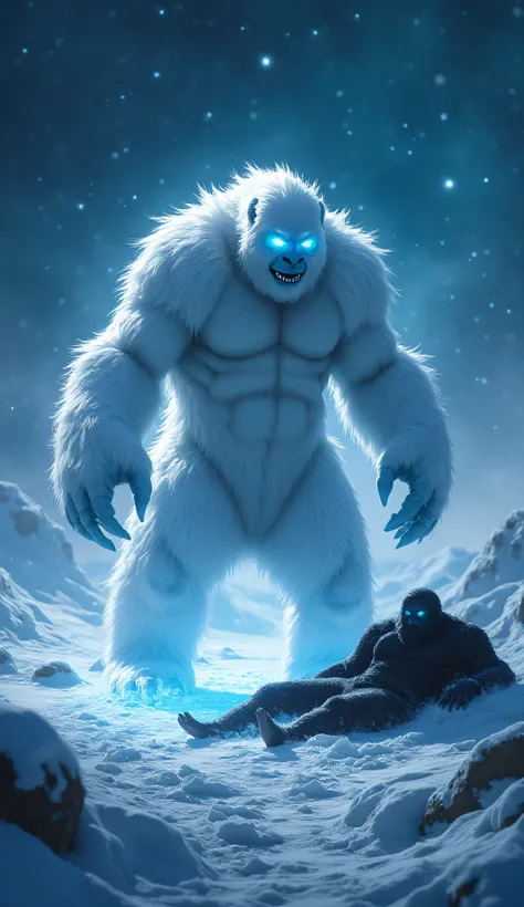 Blackmene struggles against the icy prison, attempting to use his fiery powers to break free, but the strength of the ice overwhelms him. He loses control of his fire and collapses, exhausted and defeated.

 

Whitemene :a yeti is a towering figure with th...