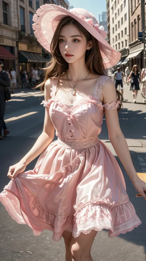 4K ultra hd, masterpiece, 1 girl, good face, long hair, beautiful hairstyle, ((lace petticoat)), ((pink petticoat)), bare waist, ((lace)), necklace, hat, in the city, ray tracing, bloom, god rays, direct-x, cinematic pose,