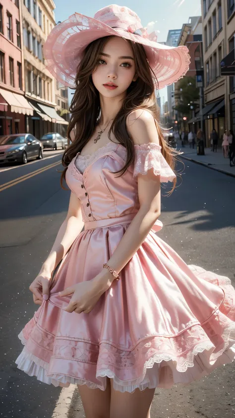 4K ultra hd, masterpiece, 1 girl, good face, long hair, beautiful hairstyle, ((lace petticoat)), ((pink petticoat)), bare waist, ((lace)), necklace, hat, in the city, ray tracing, bloom, god rays, direct-x, cinematic pose,