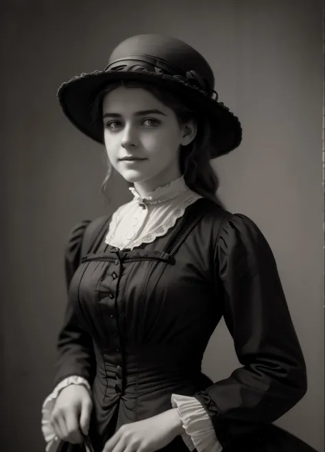 an old photo of a woman in a dress and a hat, in her early 1890s, photo of young woman, a beautiful victorian woman, black-white retro photo 1890, a cute young woman, grayscale 1890 s picture, 1890s picture