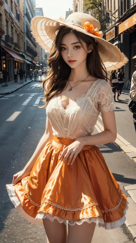 4K ultra hd, masterpiece, 1 girl, good face, long hair, beautiful hairstyle, ((lace petticoat)), ((orange petticoat)), bare waist, ((lace)), necklace, hat, in the city, ray tracing, bloom, god rays, direct-x, cinematic pose,