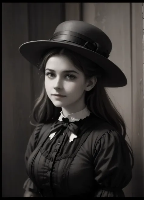 an old photo of a woman in a dress and a hat, in her early 1890s, photo of young woman, a beautiful victorian woman, black-white retro photo 1890, a cute young woman, grayscale 1890 s picture, 1890s picture