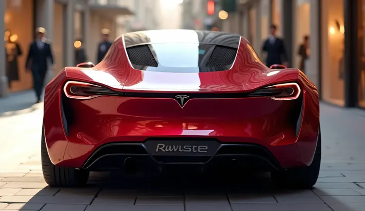 "A sleek, futuristic Tesla roadster concept car with a glossy Vine Red finish, seen from the back bumper view. The car has an aggressive and aerodynamic design with sharp, angled LED taillights and a large, ,,and Number plate called Roadster,,bold ney gril...