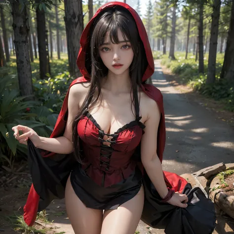 ((masterpiece)), ((best quality)), ((ultra-detailed)),((hyperrealistic)),shiny skin,1girl,solo,(((swept bangs))),hair intakes ,((black hair)),long hair,straight hair,(sidelocks,sideburns),((dark purple eyes)),medium breasts,,holding apple,((Red Riding Hood...