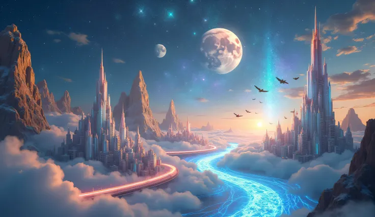 "A floating city above the clouds ,  where crystalline buildings shine under a starry sky with three giant moons .  Rivers of liquid light run through the suspended streets ,  reflecting vibrant colors like a moving rainbow . In the center of the scene,  a...