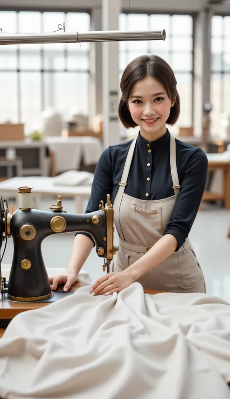 (Focus on a sewing machinery on mid centered widen view),A symmetrically balanced ultra wide angle image set in industrial revolution era. The scene features a lively, luscious, and shapely woman tailor worker with a blush and a smile, dressed in a tight, ...